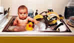 baby bath, sink, dishes