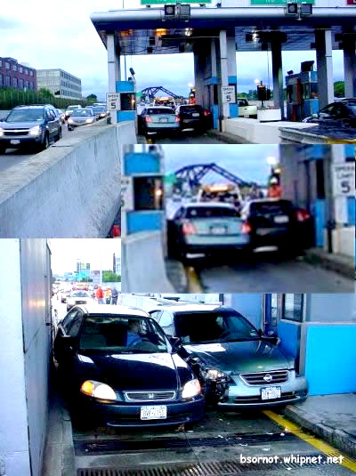 Tollroad mishap, narrow lanes, tight fit