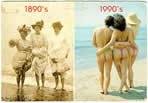 beach outfits, bikinis now and then