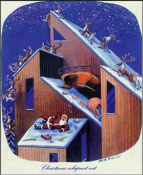 modern architecture, santa on slanted roof